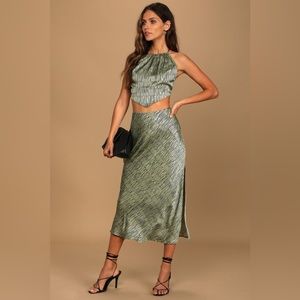 Lulu’s Satin High Waisted Midi Skirt & matching Handkerchief Crop Top